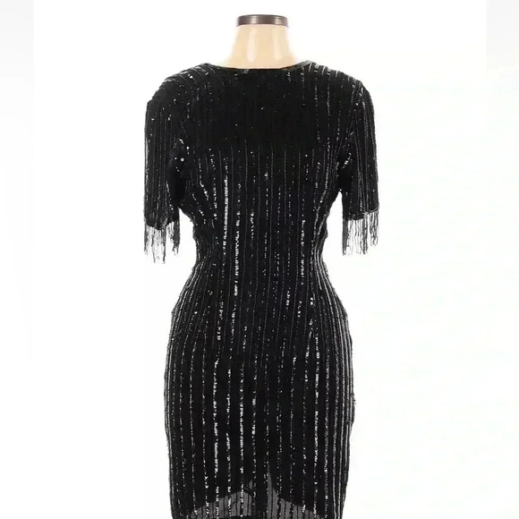 Vintage Dresses & Skirts - Vintage 80s St’enay Silk Elegant Black Sequin Dress